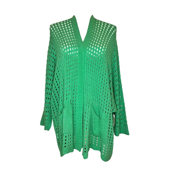 Women's Green Crochet Cardigan Size S Star Knit Soft Cozy Oversized Emerald - Picture 2 of 2